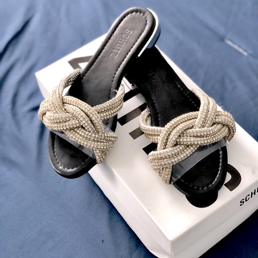 Schutz rhinestone braided slides